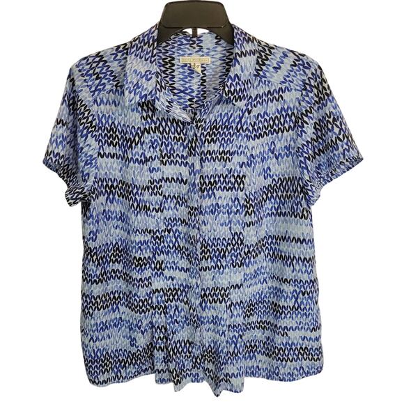 Dana Buchman Patterned Pleated Button Blouse Top Blue Women's Size Large - Picture 1 of 11